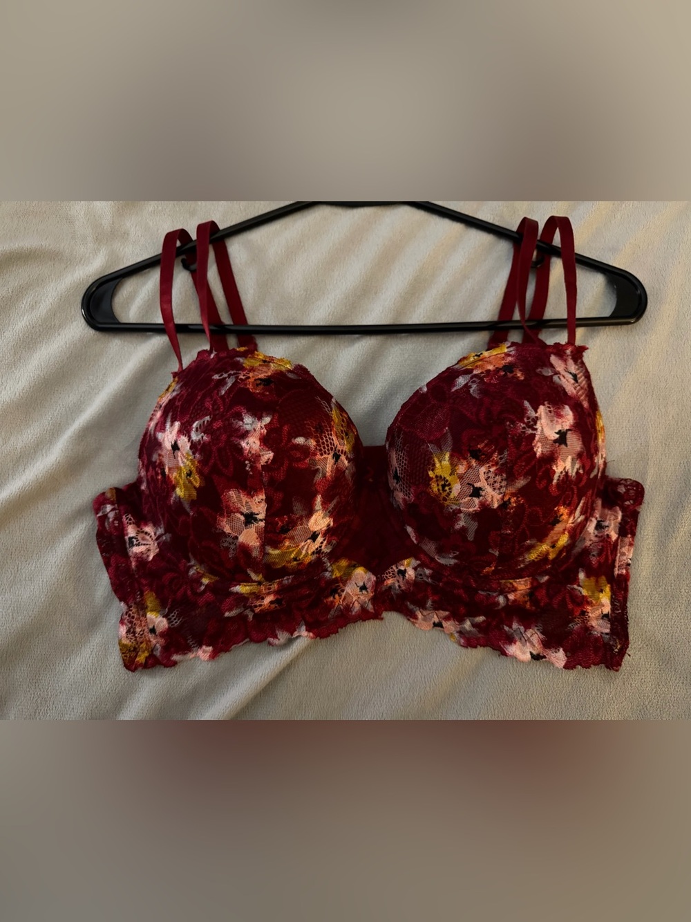 Maidenform Burgundy Floral Lace Bra with Pink & Yellow Accents